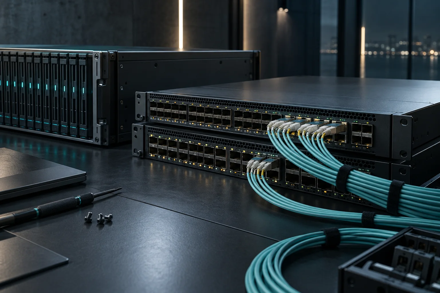 Compute and network modules connected with optical cables