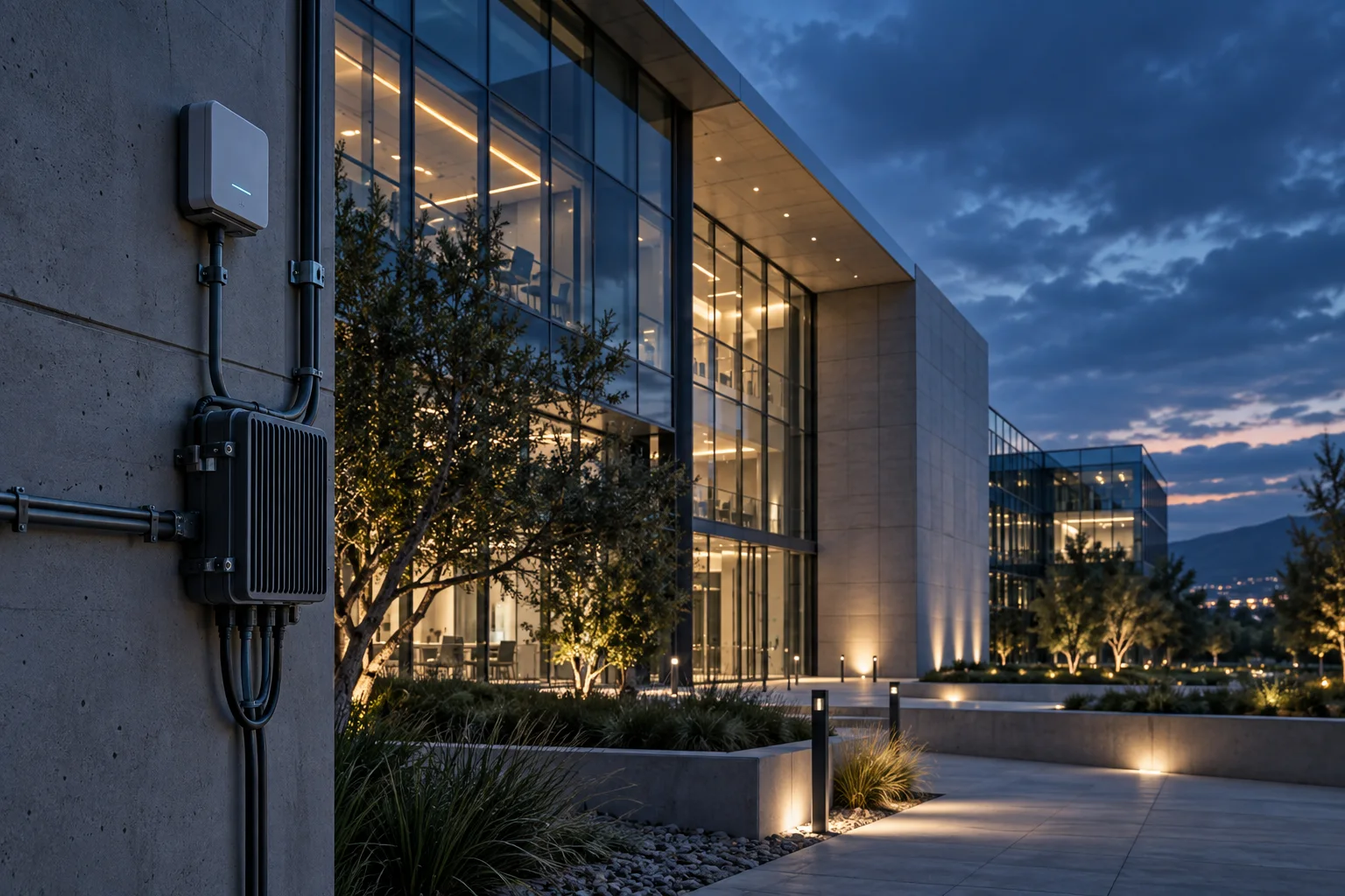 A sensor and edge gateway connected to a modern building